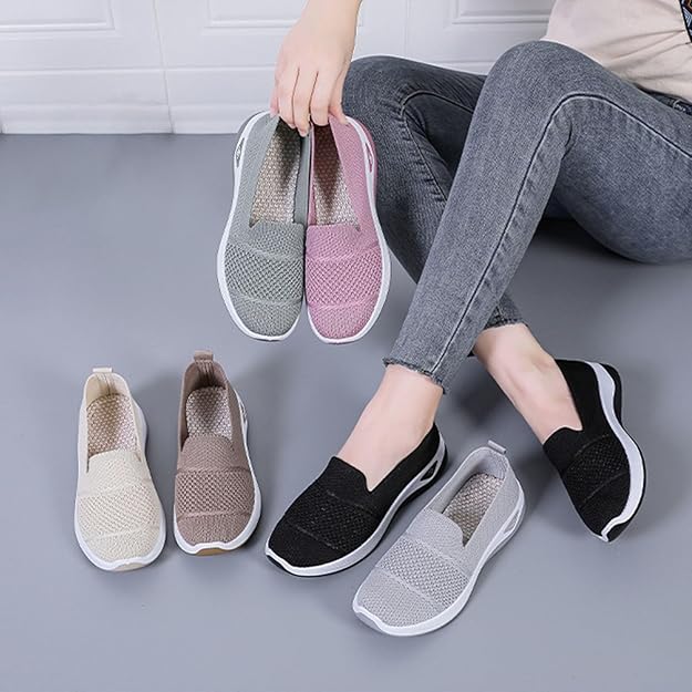 Women’s Breathable Slip-On Orthopedic Sneakers Lightweight Mesh Casual Walking Shoes Comfortable Soft Sole Loafers for Ladies Everyday Wear Non-Slip Fashion Flat Shoes from Sizes 37-43 Beige and pink.