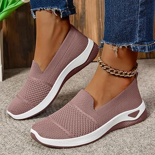 Women’s Breathable Slip-On Orthopedic Sneakers Lightweight Mesh Casual Walking Shoes Comfortable Soft Sole Loafers for Ladies Everyday Wear Non-Slip Fashion Flat Shoes from Sizes 37-43 Beige and pink.