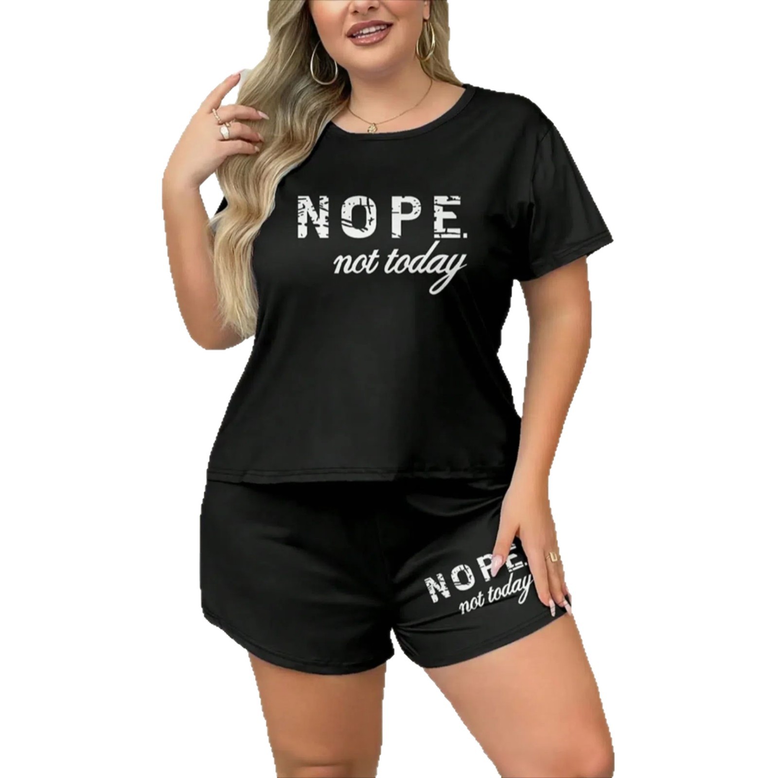 Plus Size Summer Letter Print Pajamas Set Casual Short Sleeve Top And Shorts Loungewear For Women