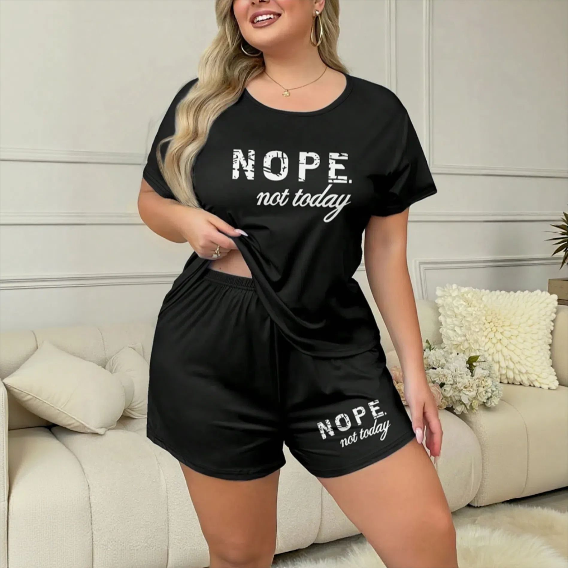 Plus Size Summer Letter Print Pajamas Set Casual Short Sleeve Top And Shorts Loungewear For Women