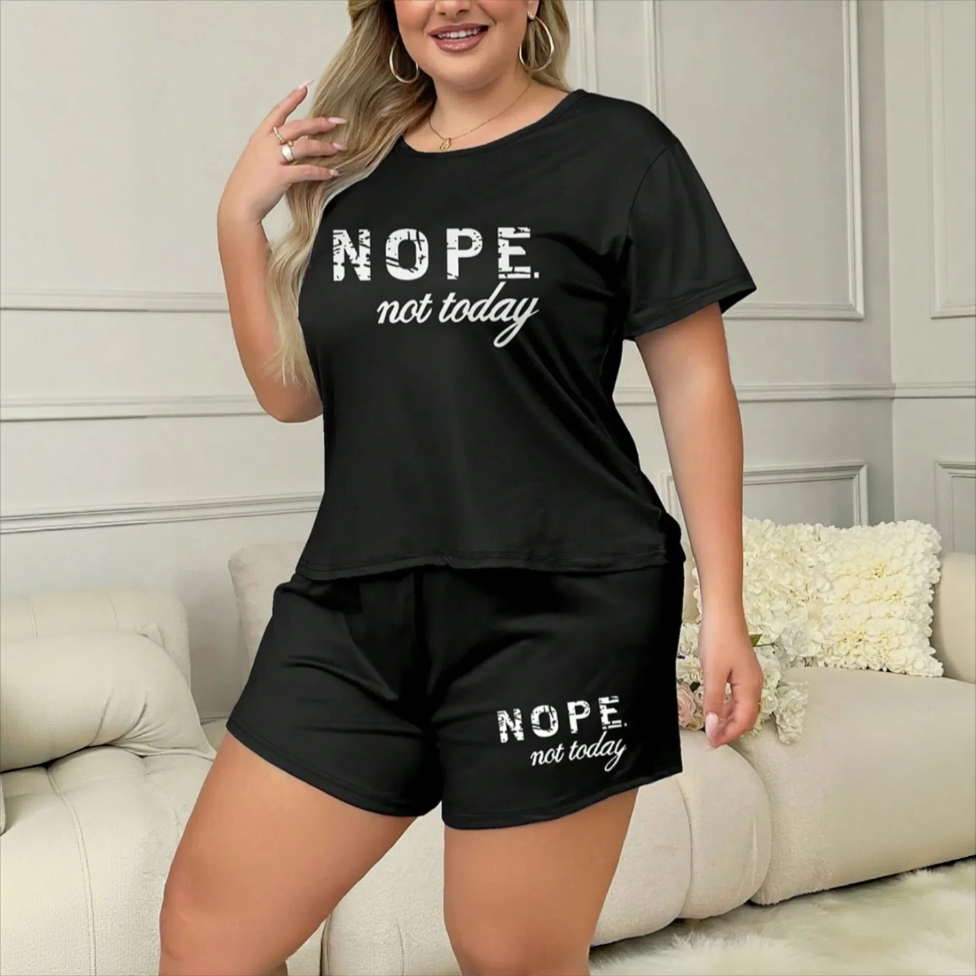 Plus Size Summer Letter Print Pajamas Set Casual Short Sleeve Top And Shorts Loungewear For Women