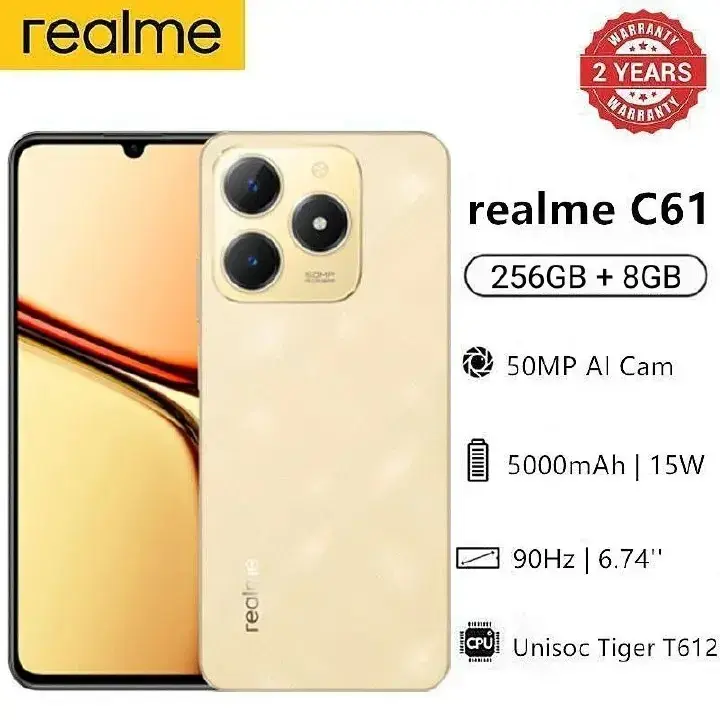 NEW ARRIVIALS!! BRAND NEW Realme C61 256GB+8GB 90Hz 6.74'' 50MP 7.84mm Thickness 5000mAh IP54 Waterproof Android 14 Type-C Dual Sim Smart Phones Face and Fingerprint Unlock phone. BATTERY