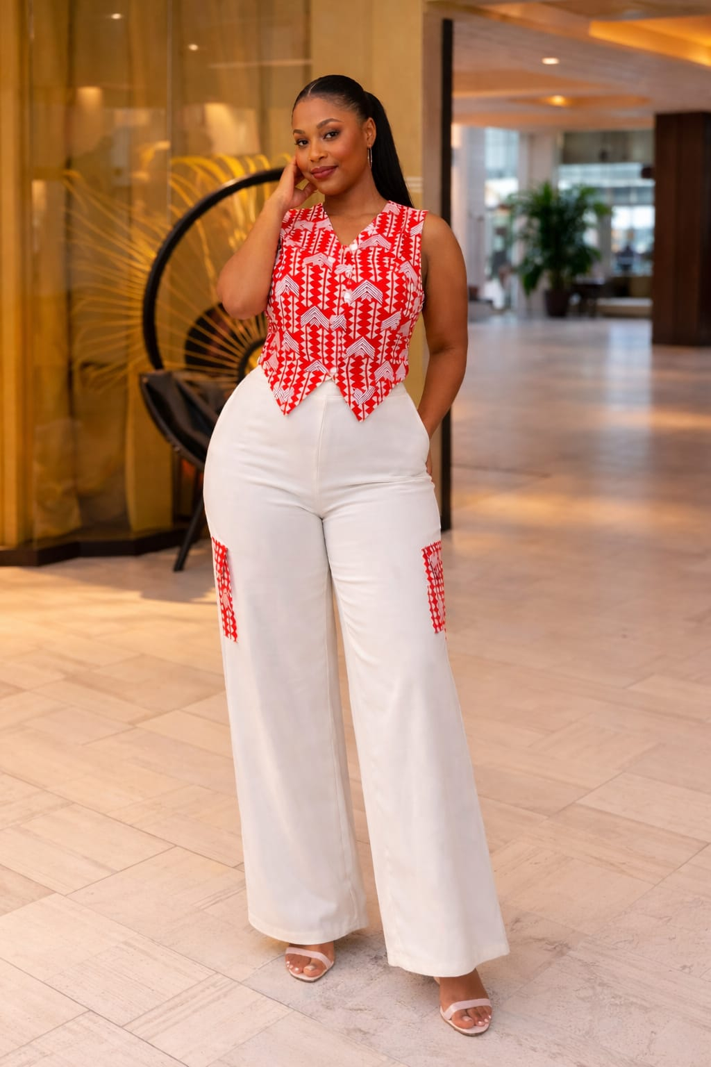 stylish two-piece outfit, featuring a chic sleeveless printed top and high-waisted wide-leg trousers. Designed for modern women who value both comfort and fashion