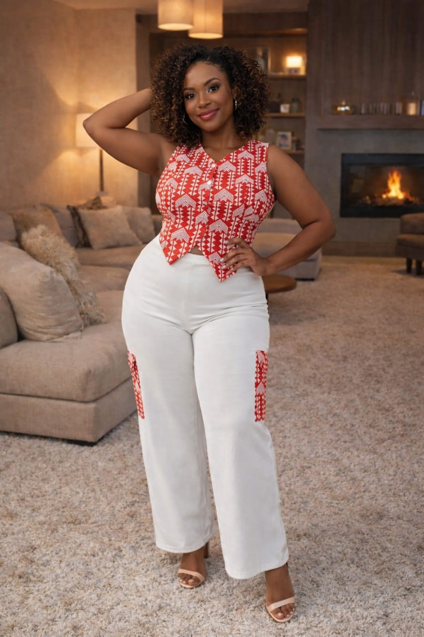 stylish two-piece outfit, featuring a chic sleeveless printed top and high-waisted wide-leg trousers. Designed for modern women who value both comfort and fashion