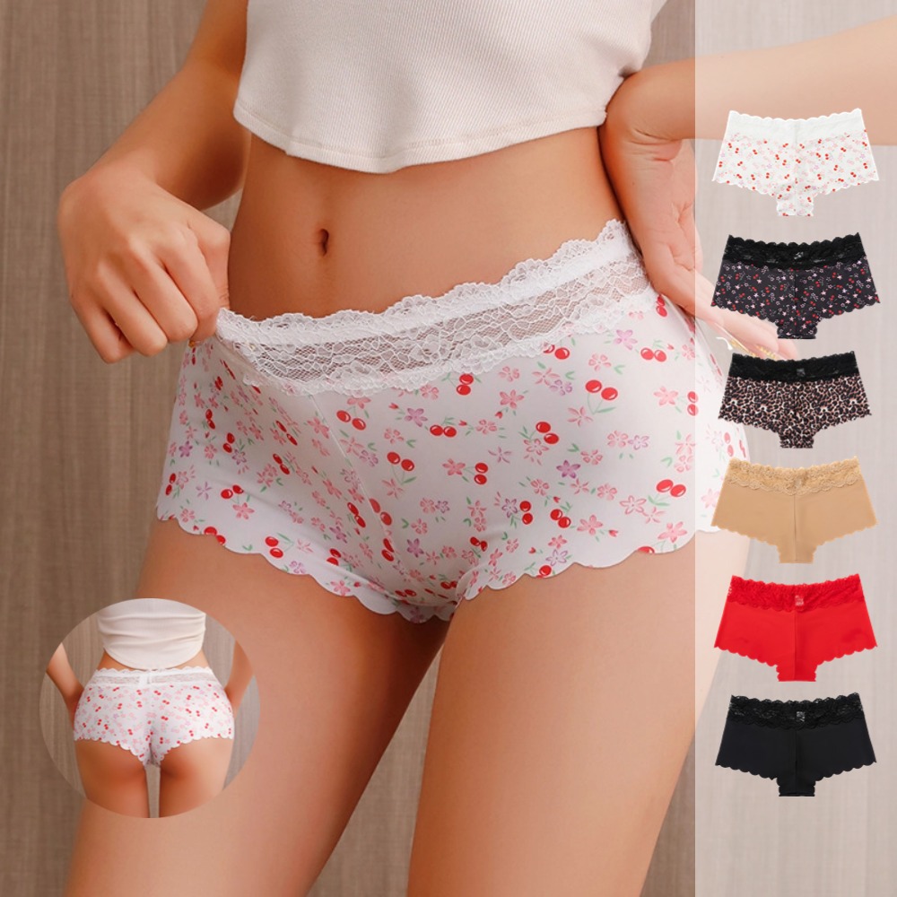 Fashion Women's Sexy Leopard Print Lace Breathable Boxer Shorts Womens Underwear Cotton Underwear for Women Seamless Hipster Bikini Briefs Panties Best Gifes for Women CHERRY Image with Lace Edge M137