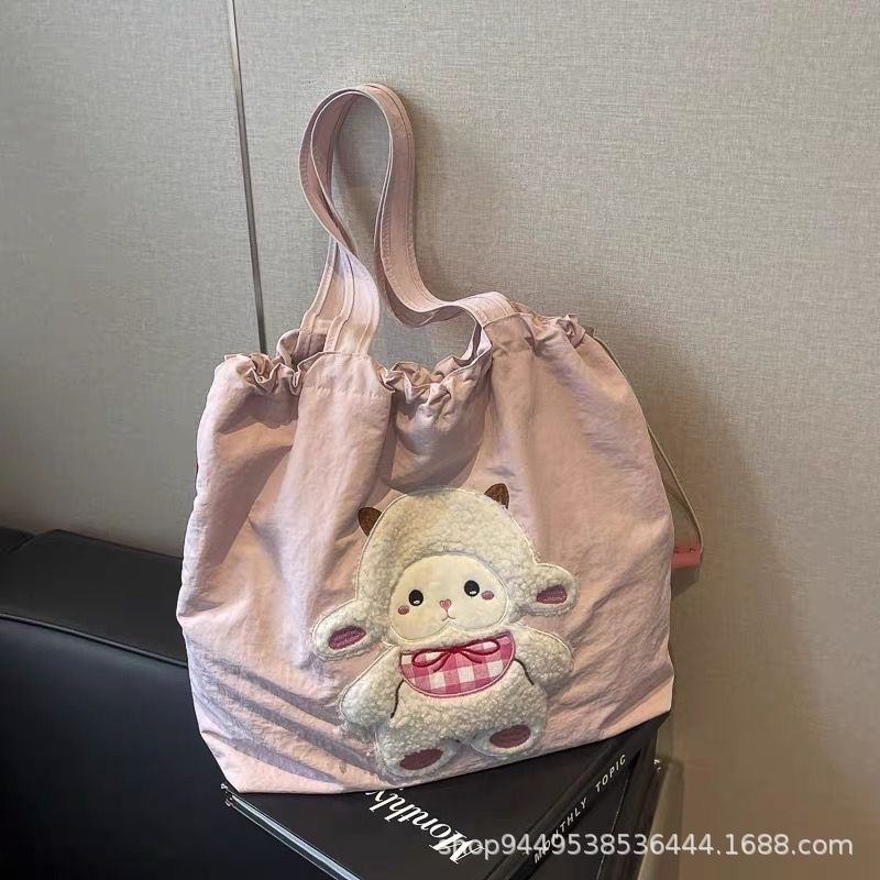 Cute Sheep Nylon Tote Bag - 40x33cm Lightweight Pink Shoulder Bag for Women & Girls, Casual Shopper Bag for School, Shopping & Daily Use