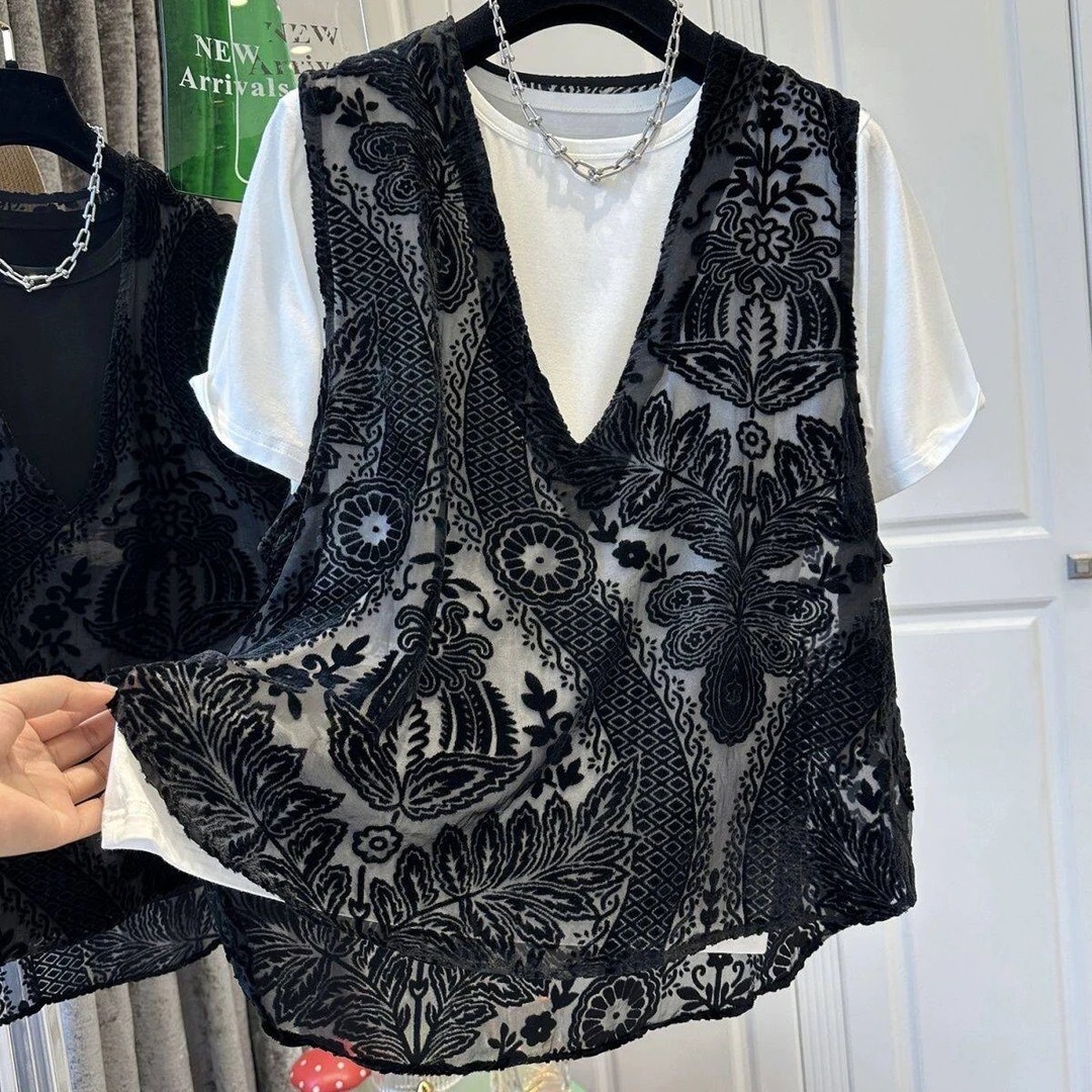 Women's Black Floral Velvet Mesh Vest, Casual Sleeveless Sheer Layering Top, Summer Fashion See-Through Tank Blouse for Ladies