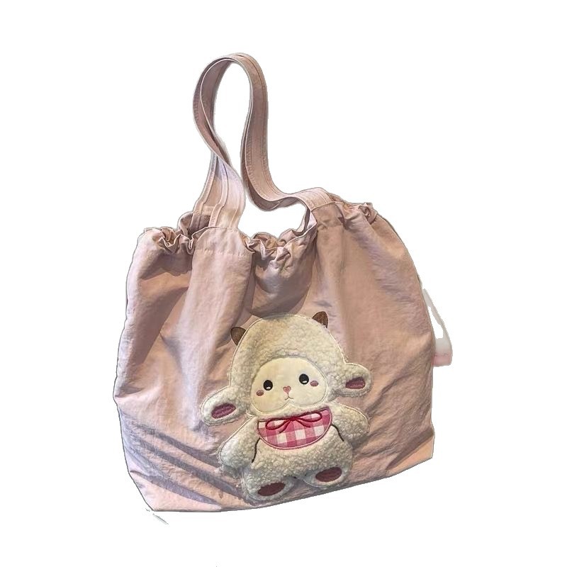 Cute Sheep Nylon Tote Bag - 40x33cm Lightweight Pink Shoulder Bag for Women & Girls, Casual Shopper Bag for School, Shopping & Daily Use