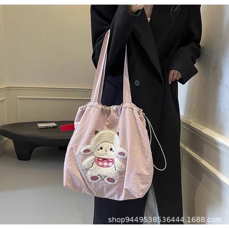 Cute Sheep Nylon Tote Bag - 40x33cm Lightweight Pink Shoulder Bag for Women & Girls, Casual Shopper Bag for School, Shopping & Daily Use