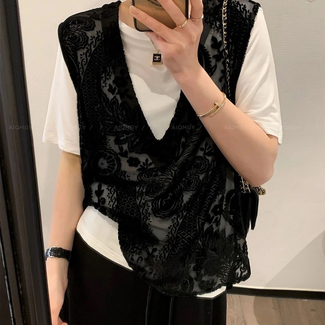Women's Black Floral Velvet Mesh Vest, Casual Sleeveless Sheer Layering Top, Summer Fashion See-Through Tank Blouse for Ladies