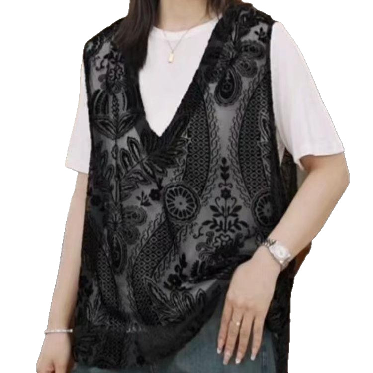 Women's Black Floral Velvet Mesh Vest, Casual Sleeveless Sheer Layering Top, Summer Fashion See-Through Tank Blouse for Ladies