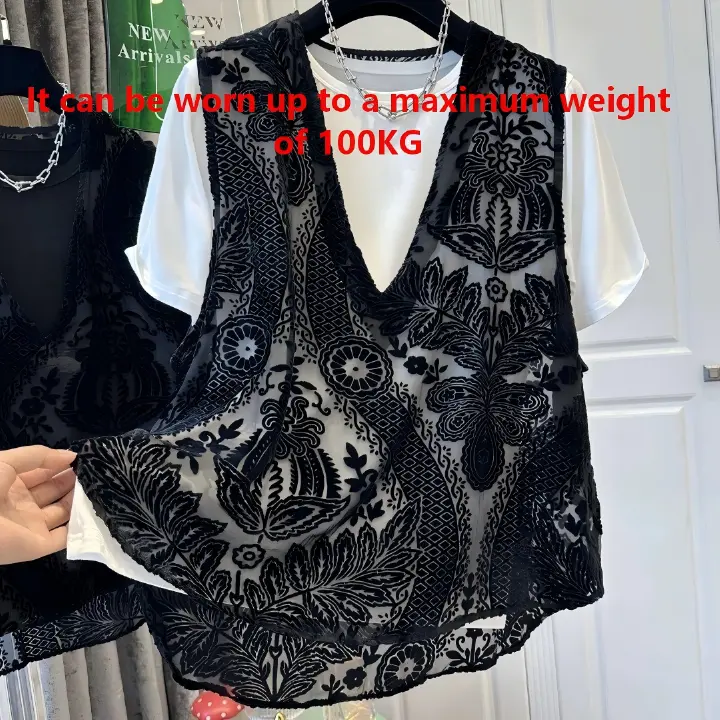 Women's Black Floral Velvet Mesh Vest, Casual Sleeveless Sheer Layering Top, Summer Fashion See-Through Tank Blouse for Ladies