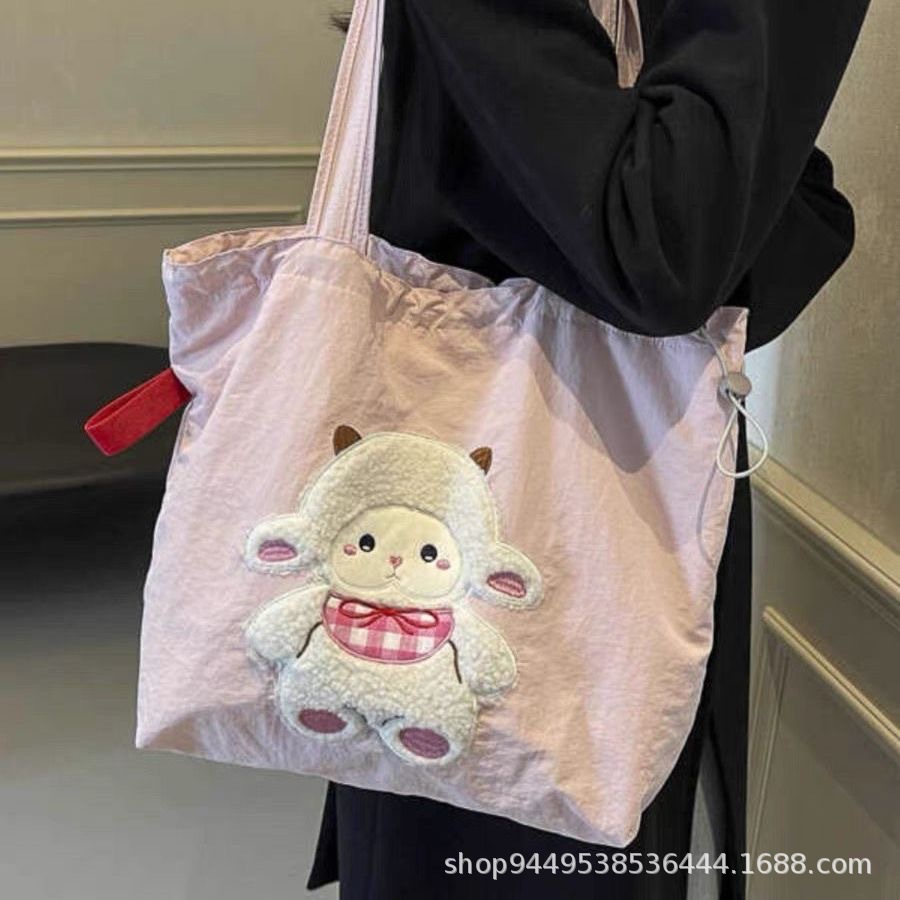 Cute Sheep Nylon Tote Bag - 40x33cm Lightweight Pink Shoulder Bag for Women & Girls, Casual Shopper Bag for School, Shopping & Daily Use