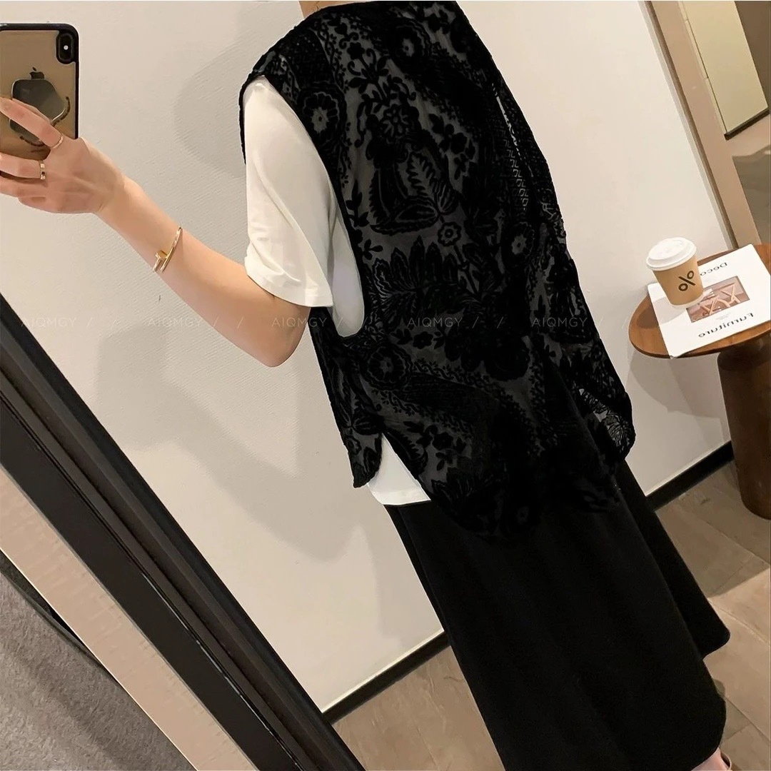 Women's Black Floral Velvet Mesh Vest, Casual Sleeveless Sheer Layering Top, Summer Fashion See-Through Tank Blouse for Ladies