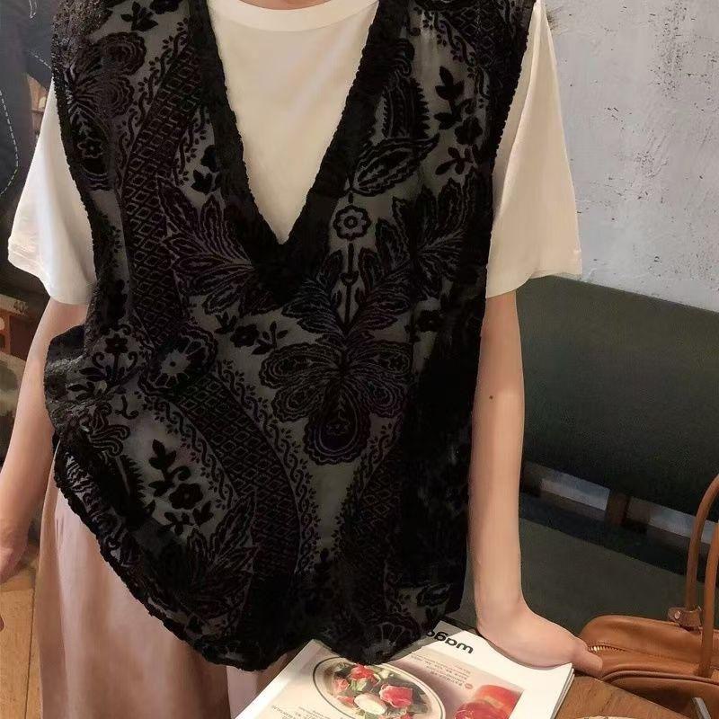Women's Black Floral Velvet Mesh Vest, Casual Sleeveless Sheer Layering Top, Summer Fashion See-Through Tank Blouse for Ladies