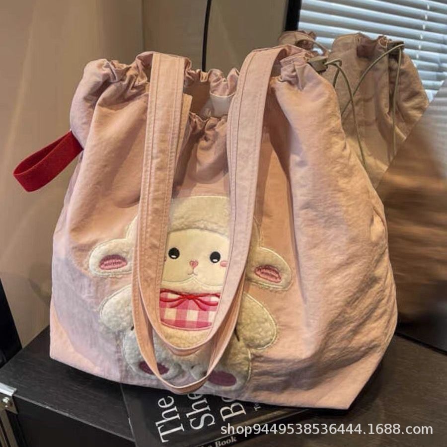 Cute Sheep Nylon Tote Bag - 40x33cm Lightweight Pink Shoulder Bag for Women & Girls, Casual Shopper Bag for School, Shopping & Daily Use