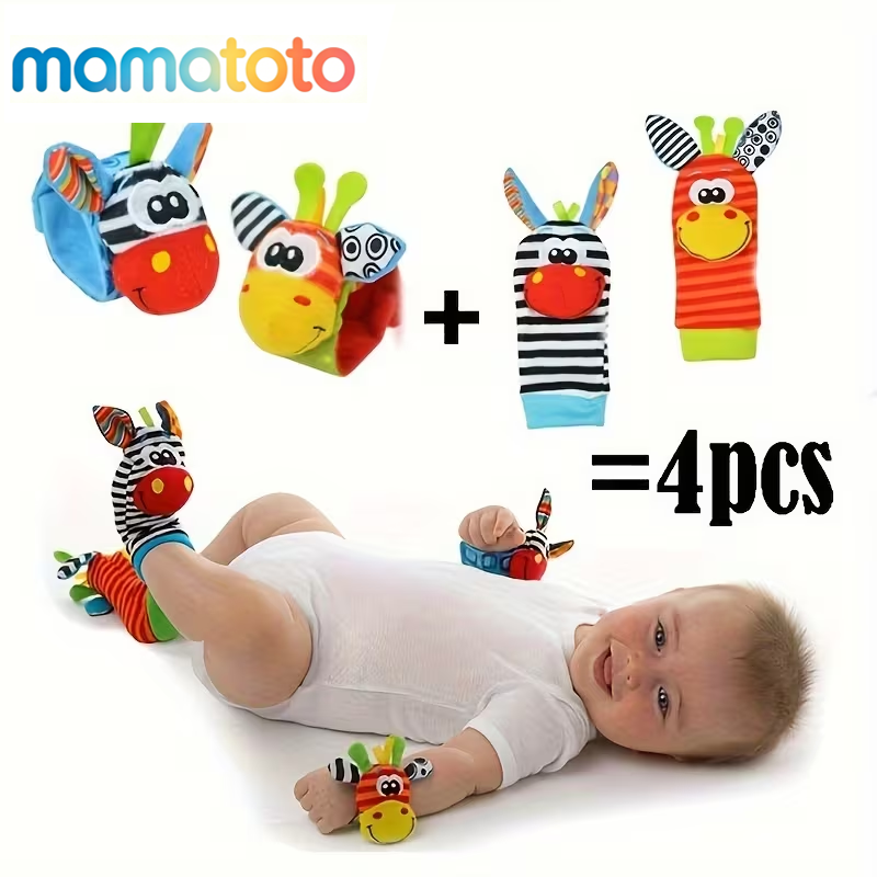 2-in-1 Toy & Socks! 4 Pairs Cartoon Animal Wrist Bell Socks for Newborns | Soft Rattle Socks for Indoor Play & Crawling | Cute & Colorful Infant Gift for Boys & Girls