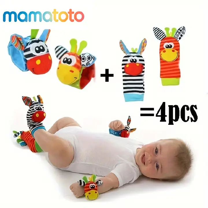2-in-1 Toy & Socks! 4 Pairs Cartoon Animal Wrist Bell Socks for Newborns | Soft Rattle Socks for Indoor Play & Crawling | Cute & Colorful Infant Gift for Boys & Girls