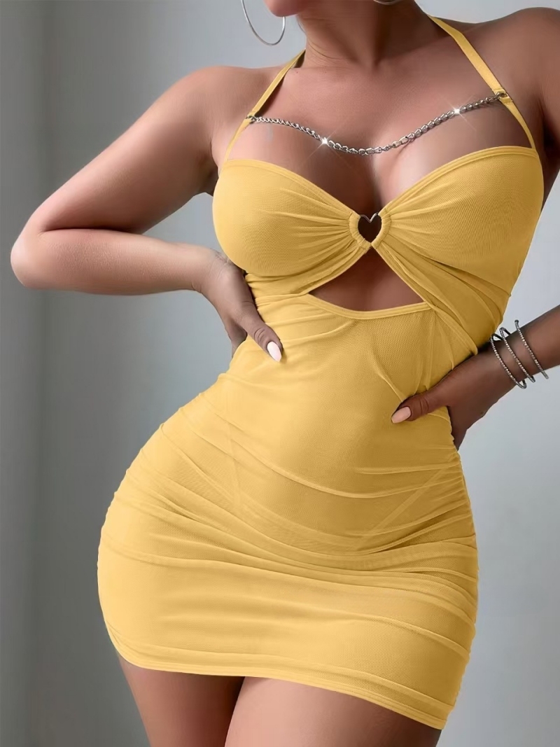 African Popular New Arrival European American Style Sheer Mesh Perspective Halter Neck Bodycon Dress Sexy Slim Fit Hip Wrap Nightdress Elegant Romantic Loungewear Intimate Sleepwear for Women