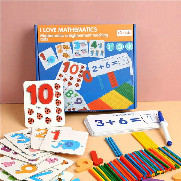 3-in-1 I Love Mathematics Learning Set for Kids – Numbers, Spelling & Addition Educational Toy, Treehole Enlightenment Early Learning Teaching Aid Kit for Toddlers, Montessori-Style Cognitive Developm