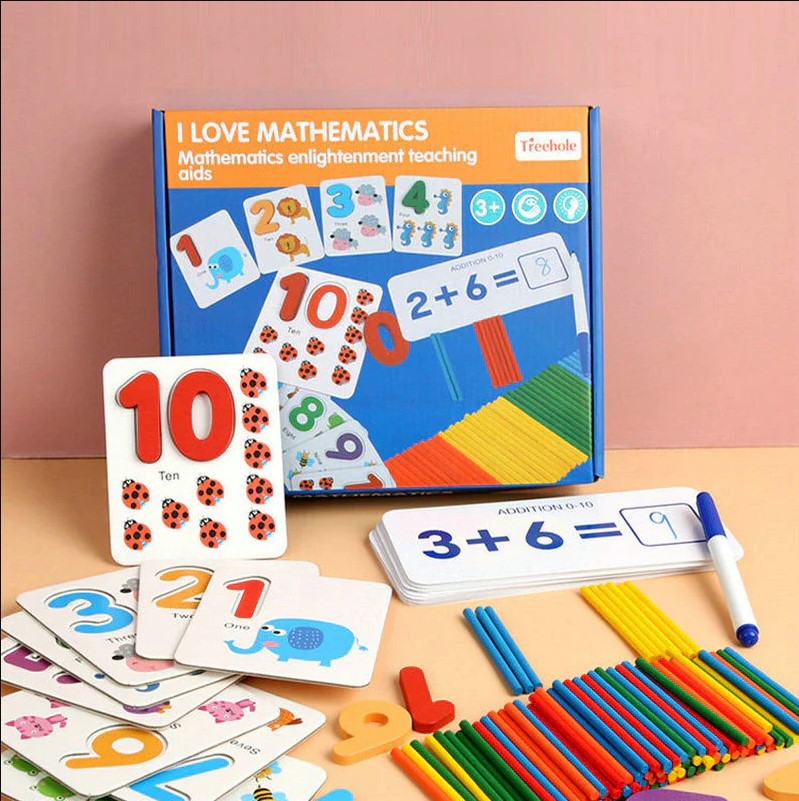 3-in-1 I Love Mathematics Learning Set for Kids – Numbers, Spelling & Addition Educational Toy, Treehole Enlightenment Early Learning Teaching Aid Kit for Toddlers, Montessori-Style Cognitive Developm