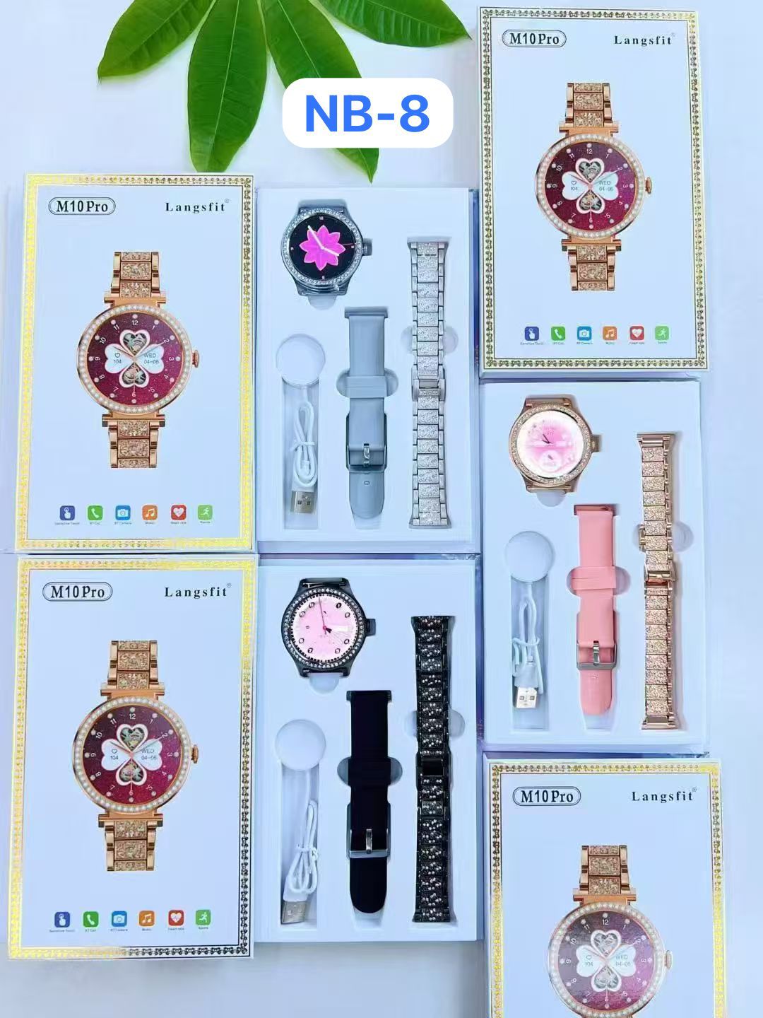 Langsfit M10 Pro Women’s Luxury Smartwatch Set Full Diamond Dial Bluetooth Call Function Multiple Interchangeable Straps Fitness Health Tracker Stylish Wearable for Android & iOS