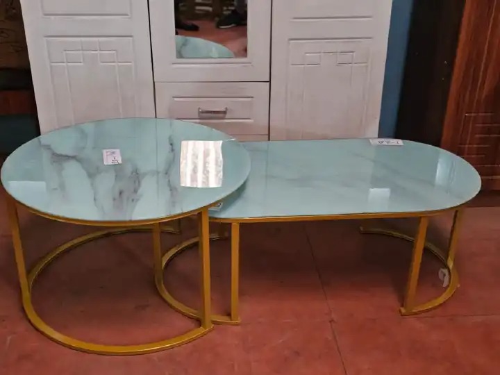 NESTING TABLE. 2 in 1 Marble nesting coffee table (glass effect) white, Stable and more durable than other materials, the semi-circular steel leg not only has smoother and more beautiful lines