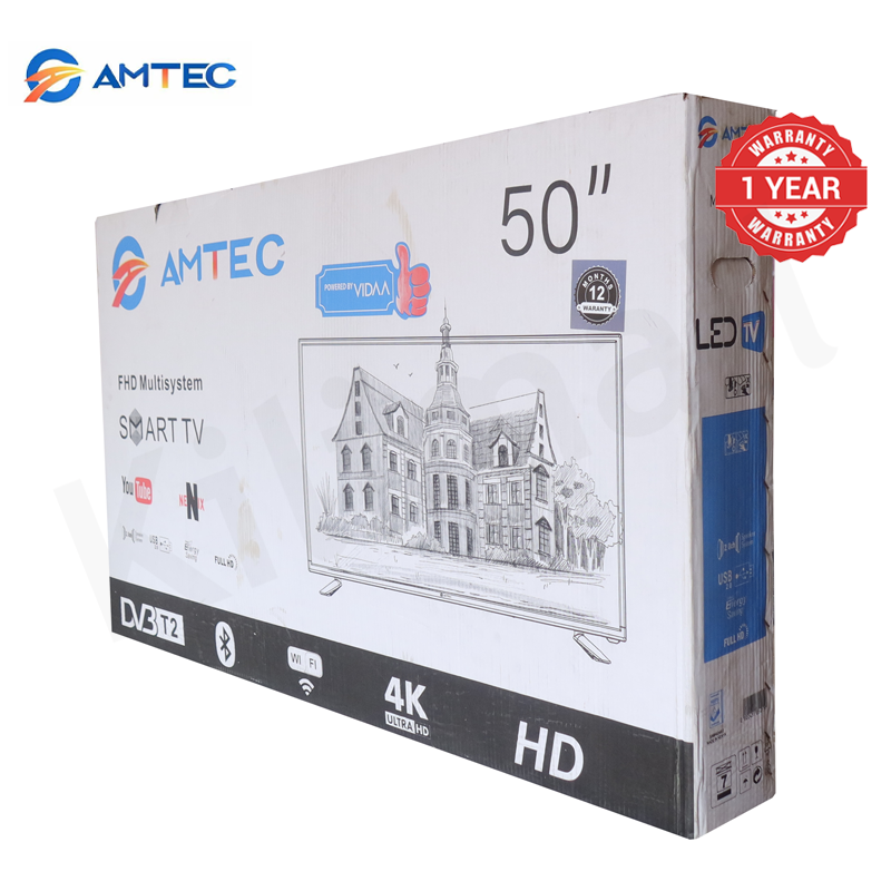 Amtec 50Q6 50" Smart TV Frameless 4K UHD HDR10 DVB-T2 Built-in Decoder Wi-Fi Bluetooth Miracast Netflix YouTube Showmax DTS Dolby Digital Audio 1.5GB RAM 8GB ROM