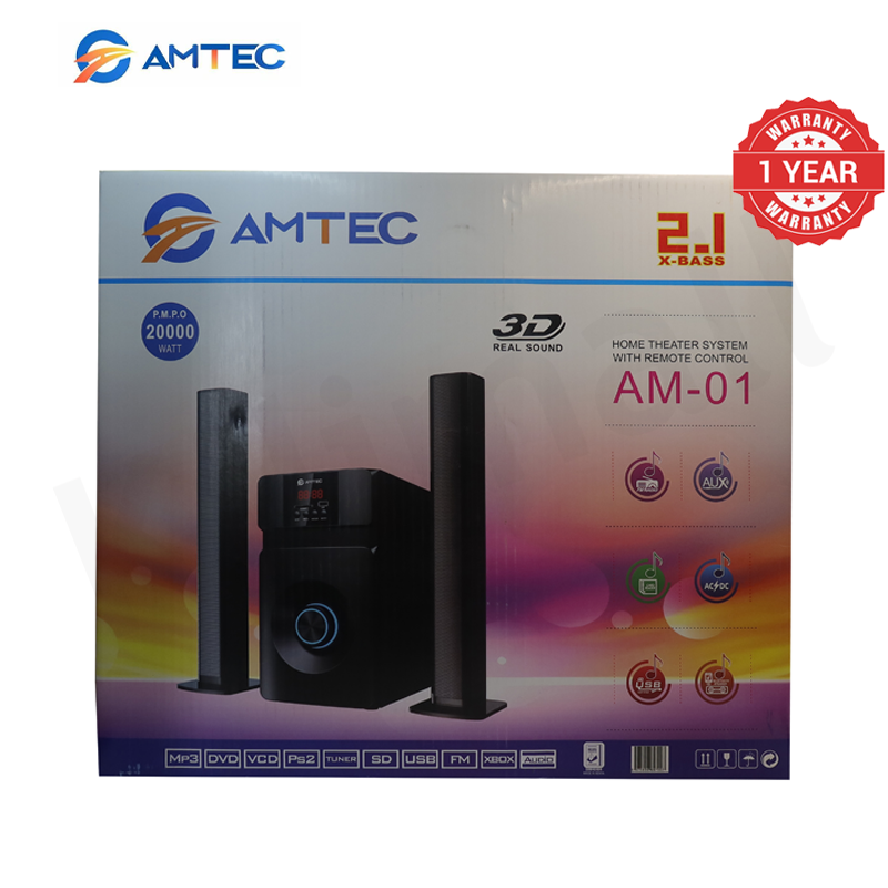 Amtec AM-01 2.1CH Soundbar Home Theater System With 5.25" Extra Bass Subwoofer,3D Sound, Bluetooth, FM, USB/SD, Woofer Speaker System With 45W RMS (20000W PMPO)