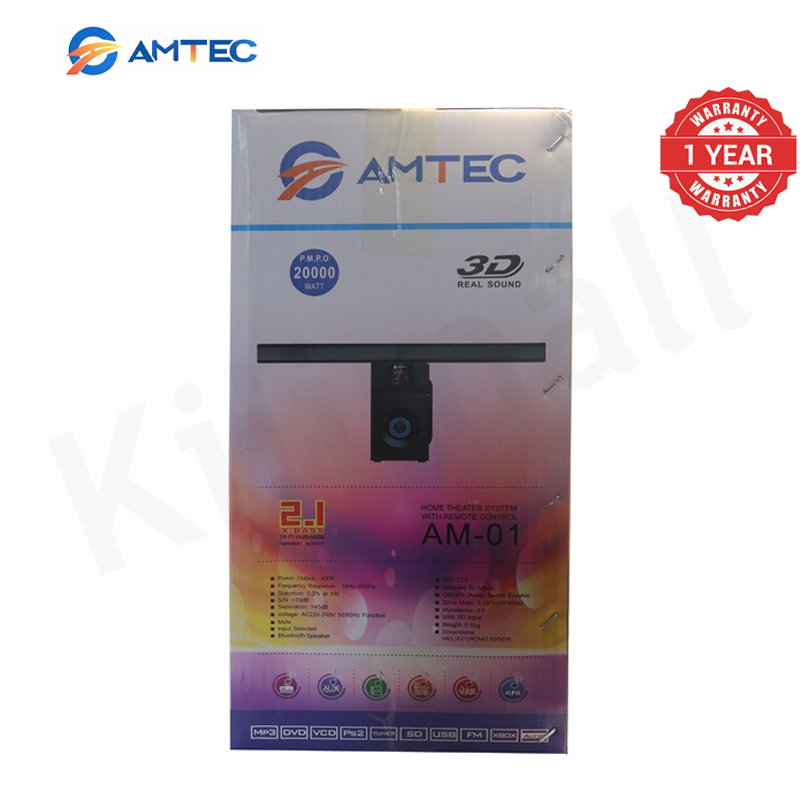 Amtec AM-01 2.1CH Soundbar Home Theater System With 5.25" Extra Bass Subwoofer,3D Sound, Bluetooth, FM, USB/SD, Woofer Speaker System With 45W RMS (20000W PMPO)