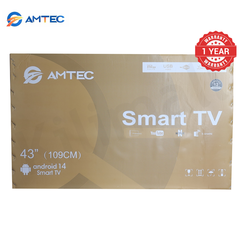 AMTEC 43L12S 43" Smart TV Frameless Full HD Android TV Bluetooth WiFi, App Store, Inbuilt Decoder 2HDMI 2USB Ports Support Netflix YouTube Google Play store Energy Saving LED Television