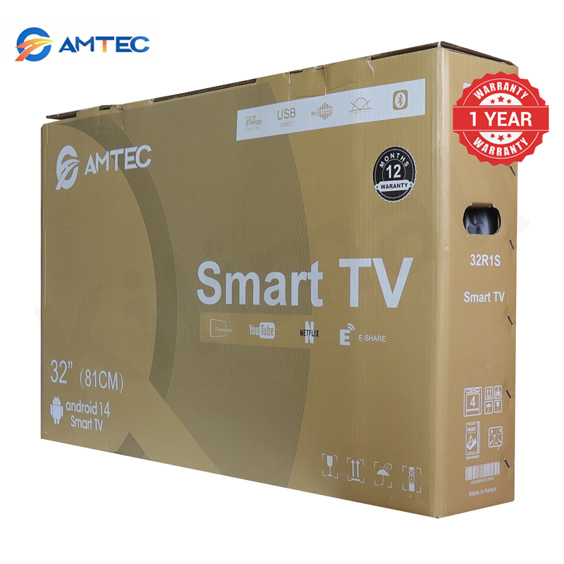 Amtec 32R1S 32" Smart TV Frameless HD Android TV LED Bluetooth WiFi Mirror Cast Inbuilt Decoder 3HDMI 2USB Port Quad Core 1GB+8GB Netflix YouTube Energy Saving Television