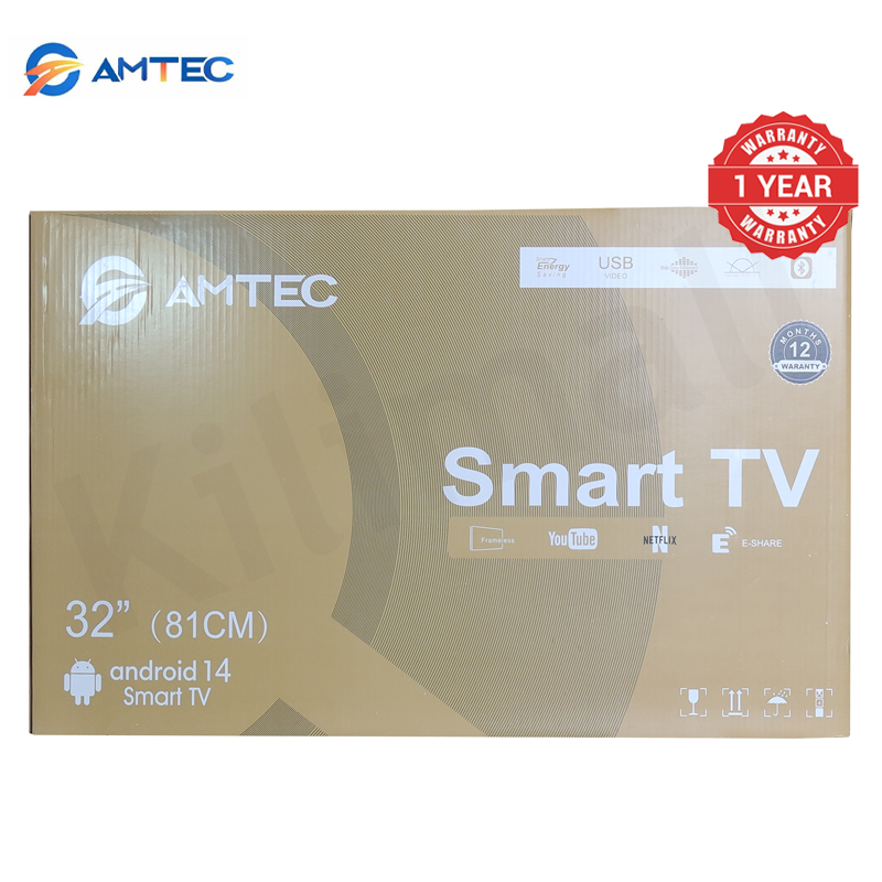 Amtec 32R1S 32" Smart TV Frameless HD Android TV LED Bluetooth WiFi Mirror Cast Inbuilt Decoder 3HDMI 2USB Port Quad Core 1GB+8GB Netflix YouTube Energy Saving Television