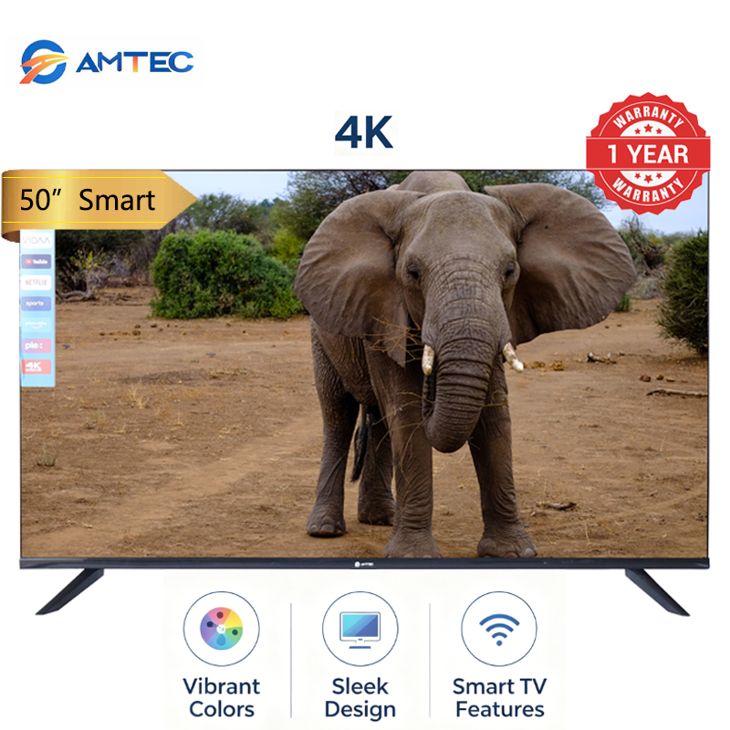 Amtec 50Q6 50" Smart TV Frameless 4K UHD HDR10 DVB-T2 Built-in Decoder Wi-Fi Bluetooth Miracast Netflix YouTube Showmax DTS Dolby Digital Audio 1.5GB RAM 8GB ROM