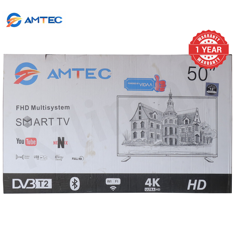 Amtec 50Q6 50" Smart TV Frameless 4K UHD HDR10 DVB-T2 Built-in Decoder Wi-Fi Bluetooth Miracast Netflix YouTube Showmax DTS Dolby Digital Audio 1.5GB RAM 8GB ROM
