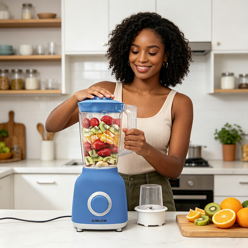 Globalstar GS-TY202B 2-in-1 Stand Blender – 1.5Litres,Plastic, Safe & Healthy for Grinding Pepper & Food – Easy to Clean