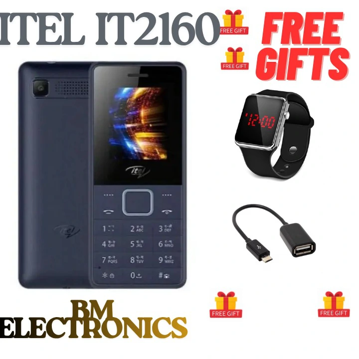 Brand New Itel 2160 4MB RAM 4MB ROM 0.3MP Rear Camera Dual Sim 1000 mAh Battery Display:1.77″ TN FEATURED PHONES+FREE GIFTS(WATCH+OTG cable)