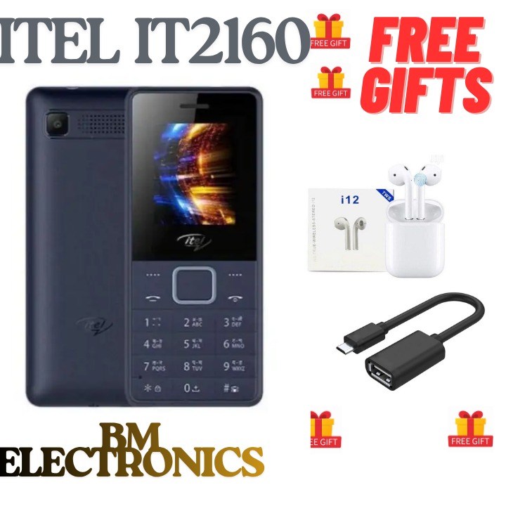 Brand New Itel 2160 4MB RAM 4MB ROM 0.3MP Rear Camera Dual Sim 1000 mAh Battery Display:1.77″ TN FEATURED PHONES+FREE GIFTS(EARPODS+OTG CABLE)