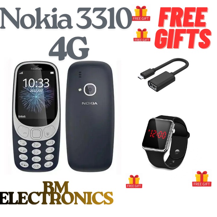 NEW ARRIVALS NOKIA 3310 PHONE WITH 2.4″ DISPLAY, DUAL SIM, 16MB STORAGE (EXPANDABLE), 2MP REAR CAMERA, FM RADIO, MICROSD CARD SUPPORT 1200mAh BATTERY FEATURED PHONE +FREE GIFTS(WATCH+OTG CABLE)