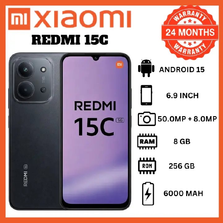 Xiaomi Redmi 15C 256GB ROM+16GB RAM(8+8 Extended)| 6000mAh Big Battery 33W Fast Charge | 6.9 Inch 120Hz Display 50MP AI Camera | Android 15 4G Dual SIM Smar Phones