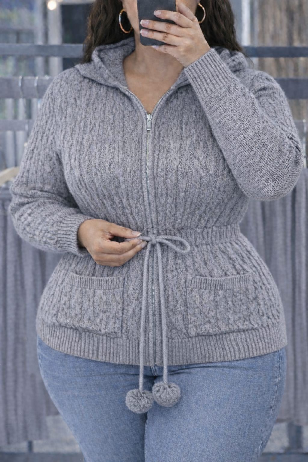 Stylish Hooded Knit Sweater Jacket with Waist Tie