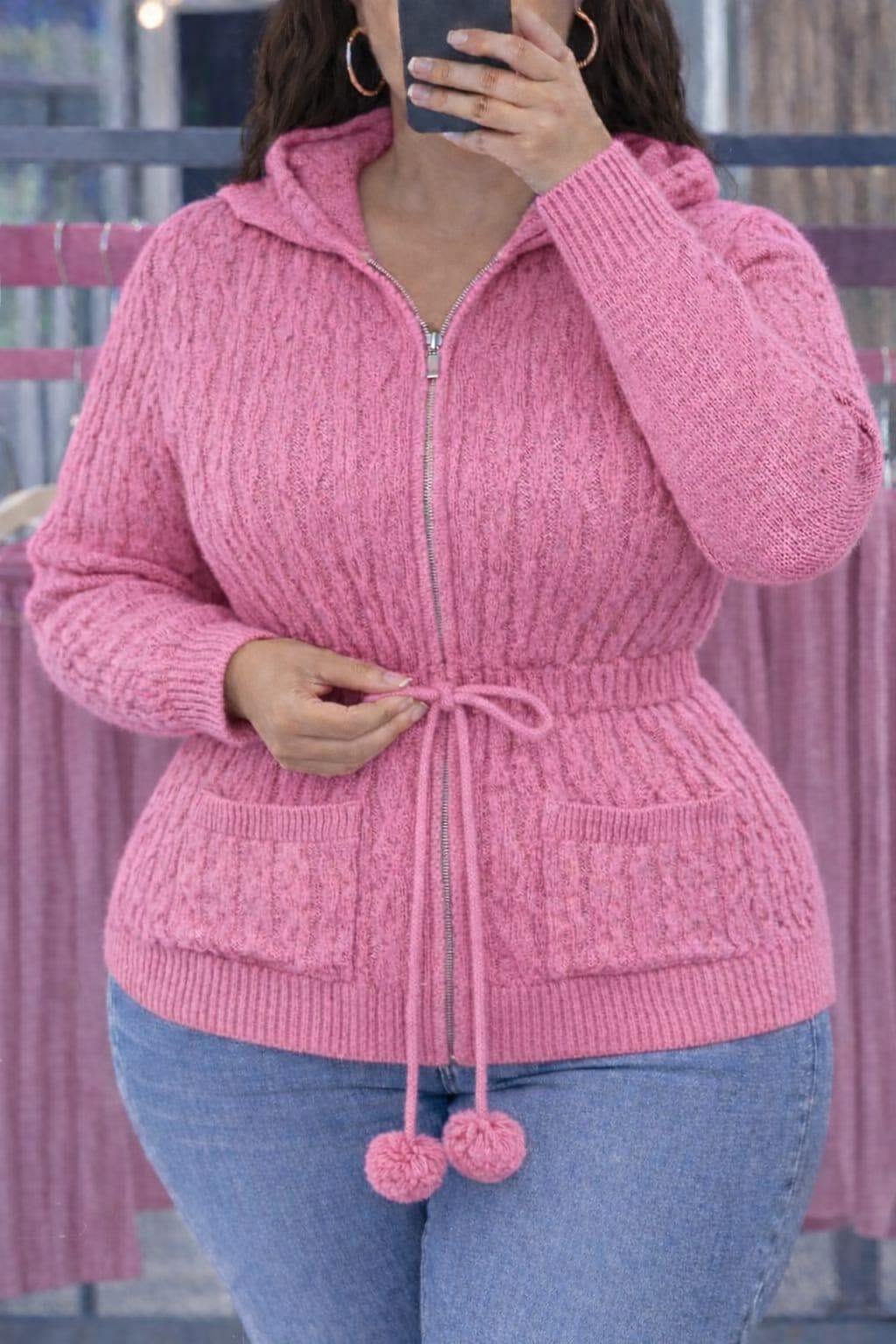 Stylish Hooded Knit Sweater Jacket with Waist Tie