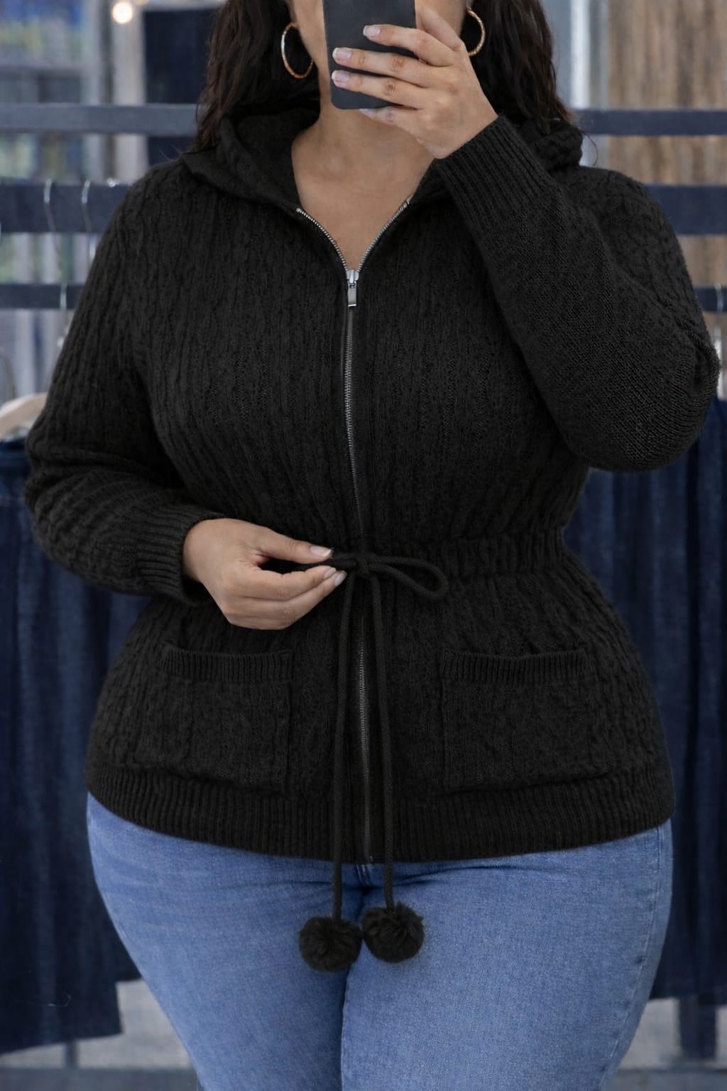 Stylish Hooded Knit Sweater Jacket with Waist Tie