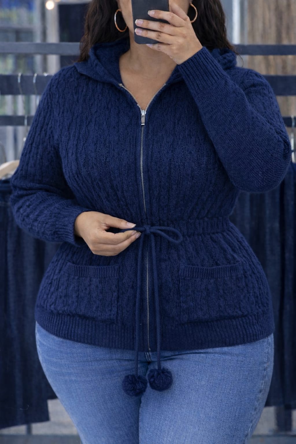Stylish Hooded Knit Sweater Jacket with Waist Tie