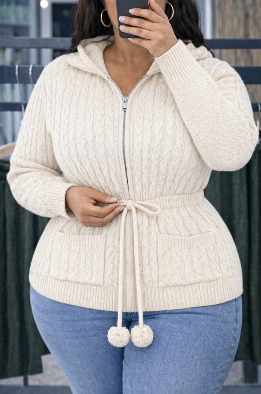 Stylish Hooded Knit Sweater Jacket with Waist Tie