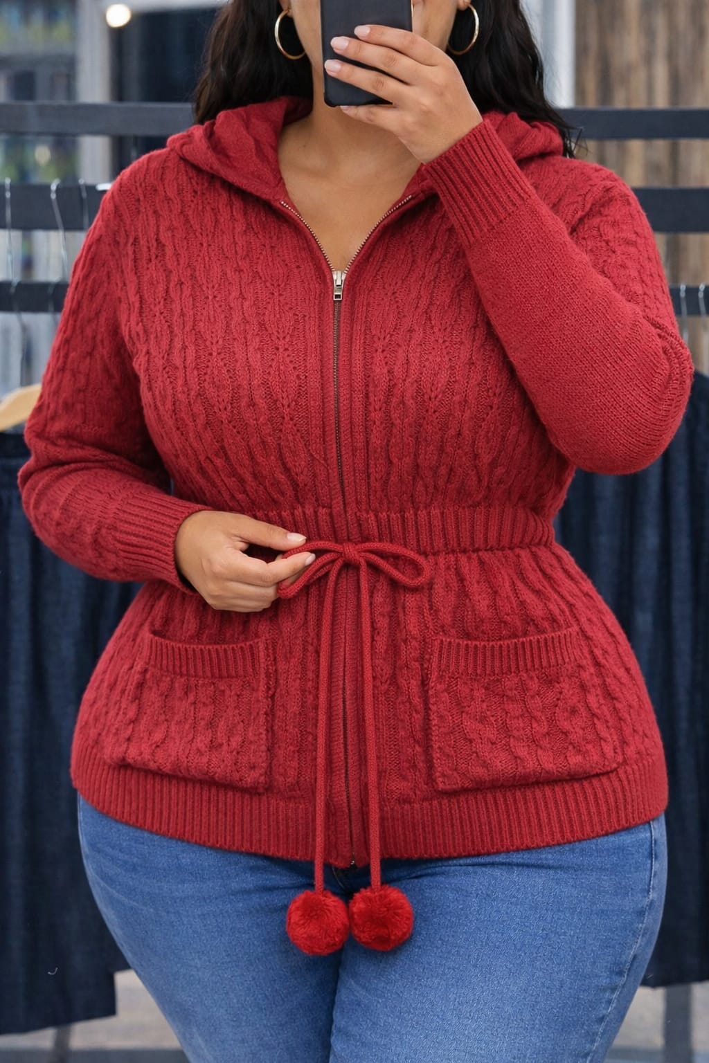 Stylish Hooded Knit Sweater Jacket with Waist Tie