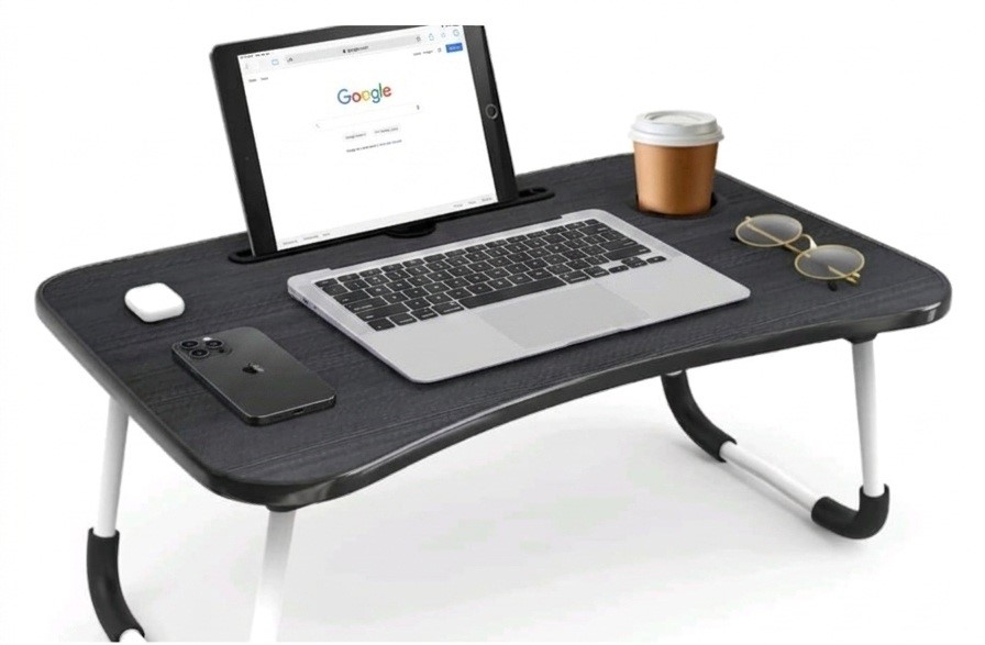 Foldable Laptop Bed Table with Cup Holder & Tablet Slot – Portable Ergonomic Study Desk – Non-Slip Notebook Stand for Sofa, Bed & Floor