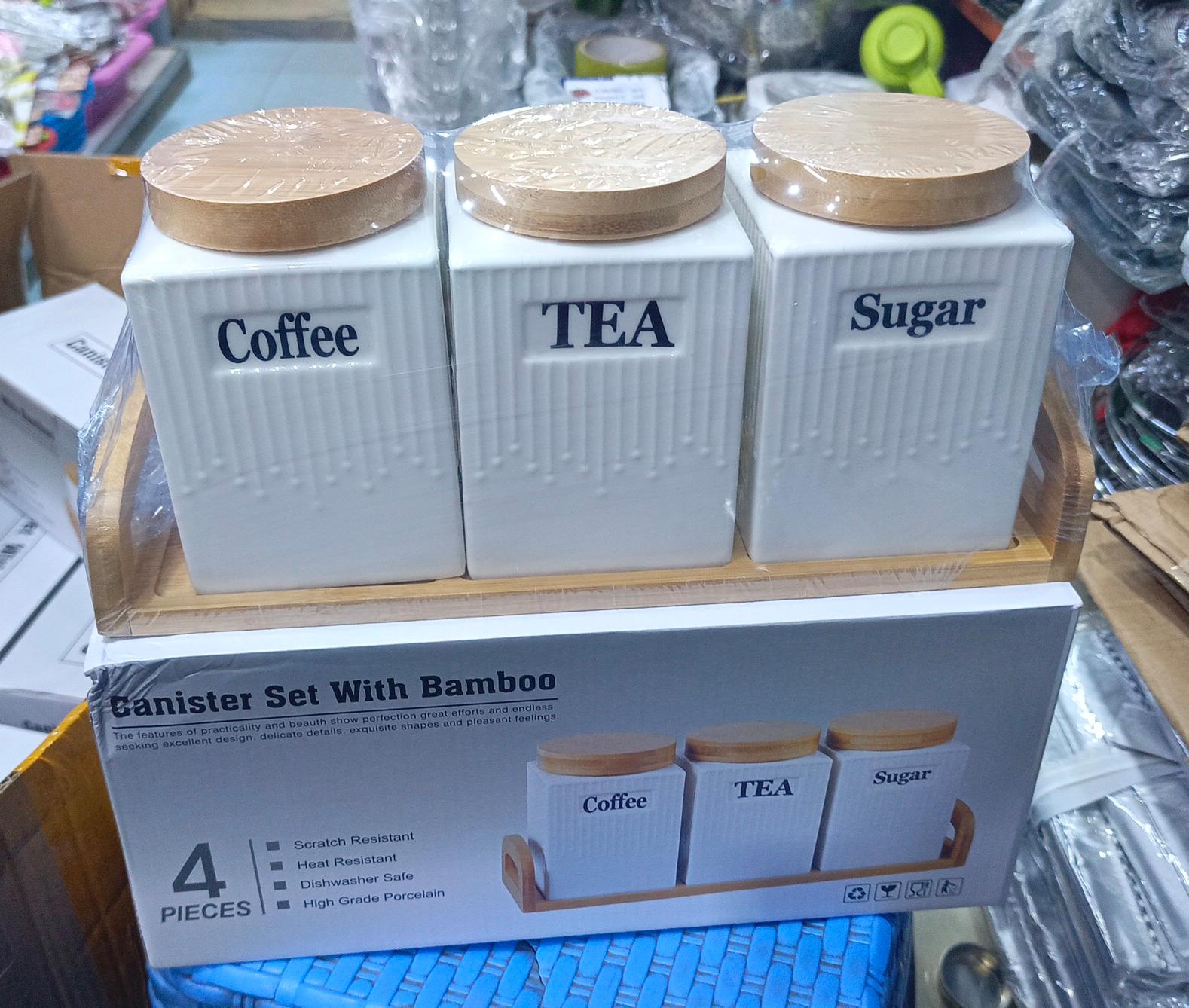 Premium 4-Piece Porcelain Kitchen Canister Set with Bamboo Lids and Tray – Coffee, Tea, Sugar Storage Containers