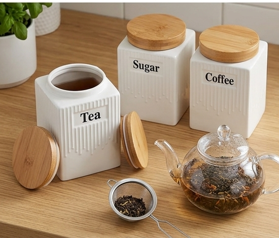 Premium 4-Piece Porcelain Kitchen Canister Set with Bamboo Lids and Tray – Coffee, Tea, Sugar Storage Containers