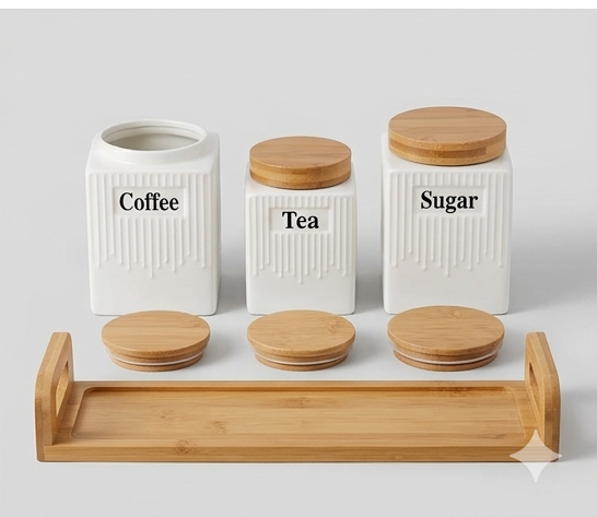 Premium 4-Piece Porcelain Kitchen Canister Set with Bamboo Lids and Tray – Coffee, Tea, Sugar Storage Containers